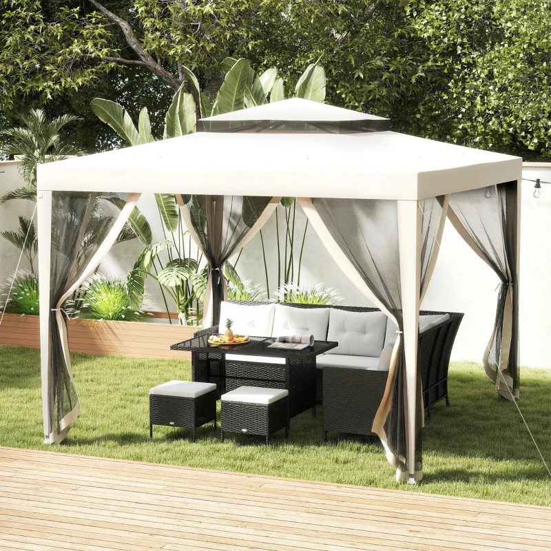 Outsunny 3 x 3 m Gazebo, Netting Party Tent, Patio Canopy Outdoor Event Shelter with Double Tier Roof, Cream White