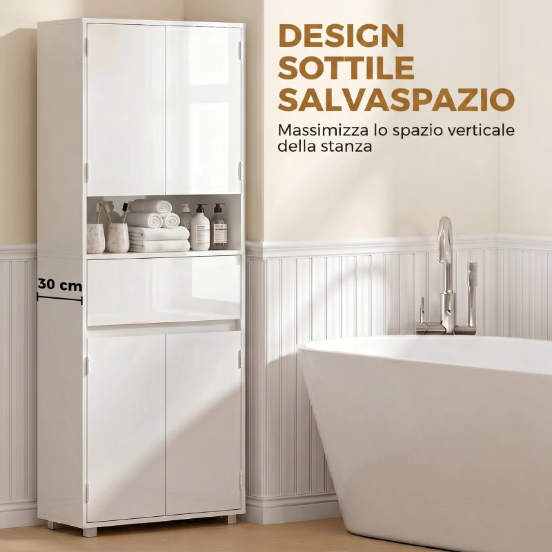 HOMCOM Mobile Bagno Alto Slim con Cassetti e Ripiani, 60x30x170 cm, Bianco Lucido