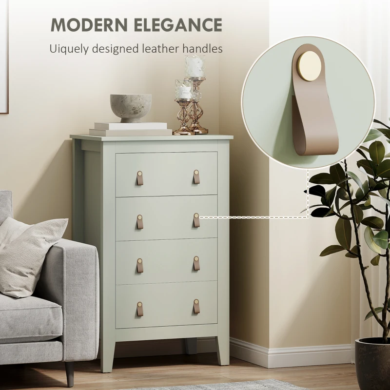 HOMCOM Bedroom Chest of Drawers, Modern 4 Drawer Dresser Cabinet with PU Leather Handles and Metal Runners for Living Room, Hallway, Entryway, 60 x 40 x 98 cm, Green
