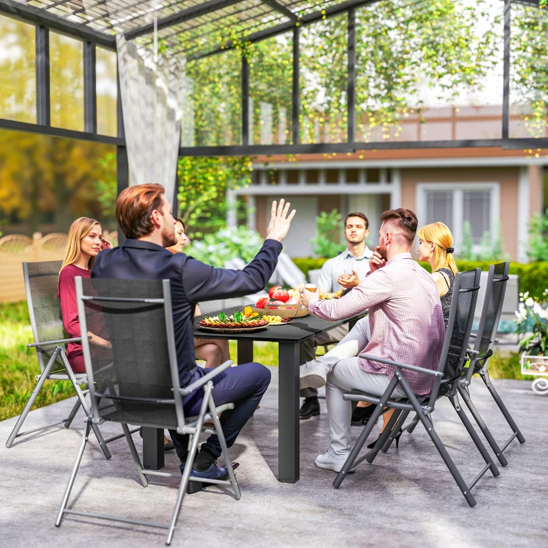 Outsunny Garden Dining Table for 6 with Parasol Hole, Rectangle Outdoor Garden Table with Slatted Metal Top, Steel Frame, Black
