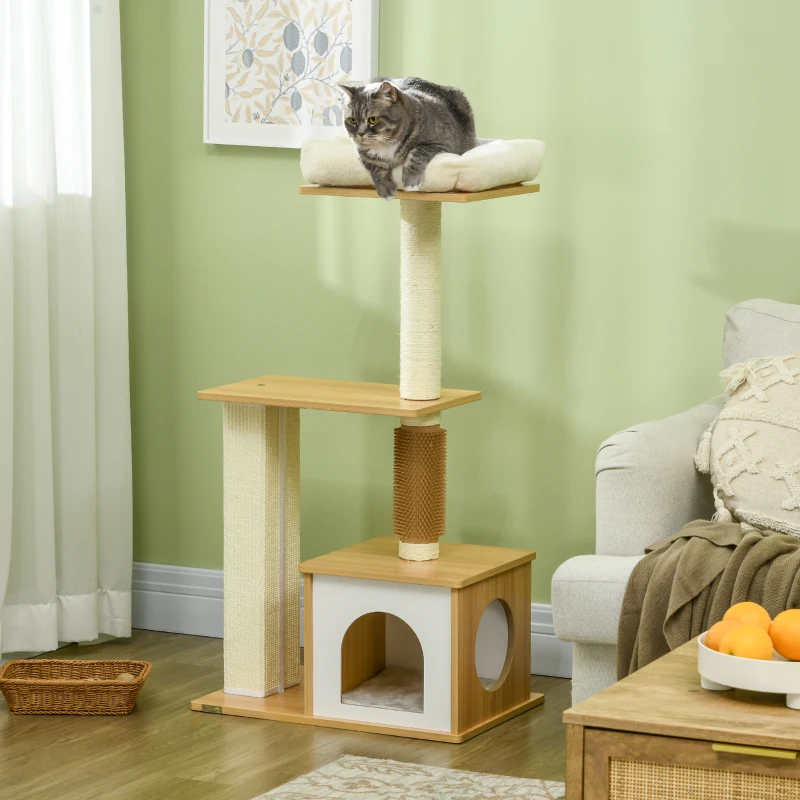 PawHut Kratzbaum Katzenbaum Katzenhöhle, 1 Katzenbett, 1 Liegefläche, 59,5 cm x 39,5 cm x 114 cm, Braun + Weiß