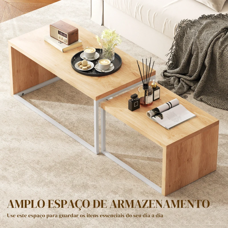 HOMCOM Conjunto de 2 Mesas de Centro com Pés de Metal Estilo Industrial 90x48x42 cm e 59x42x36 cm Branco e Madeira