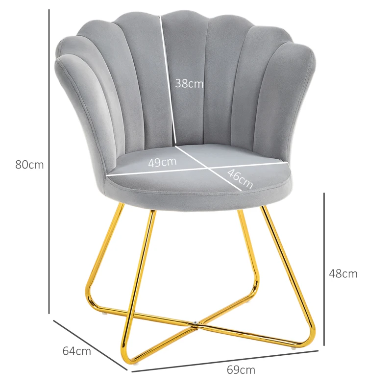HOMCOM Fauteuil coquillage chaise coiffeuse fauteuil en velours fauteuil de salon avec pieds en acier 69 x 64 x 80 cm gris