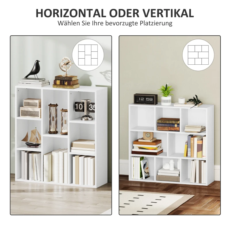 HOMCOM 3-Ebenen-Bücherregal, 8 Fächer, Spanplatte, Aufbewahrungsregal, Weiß