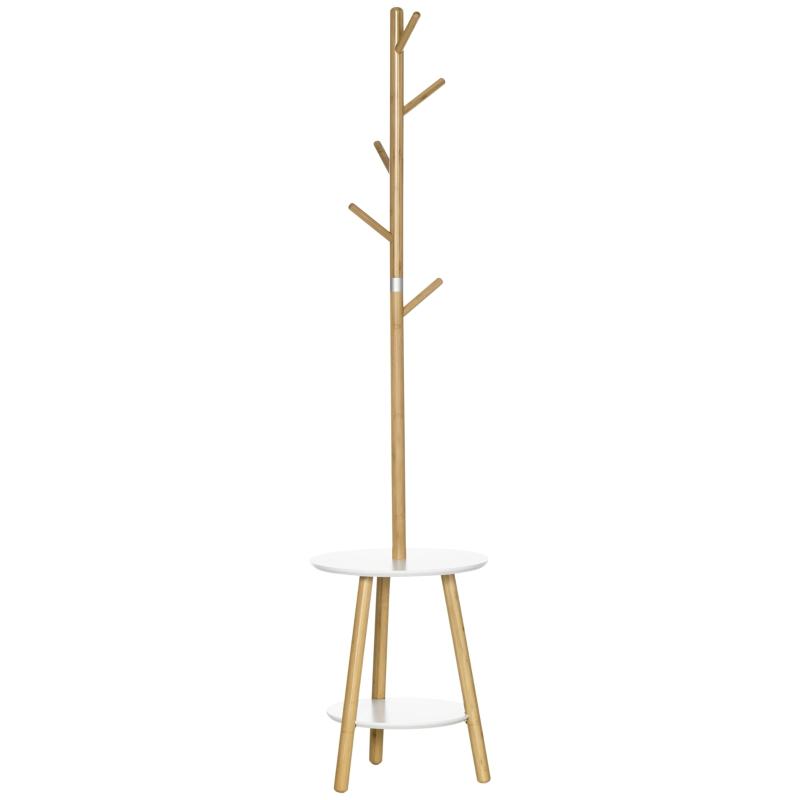 HOMCOM 2 en 1 Perchero de Pie de Bambú con 2 Estantes 5 Ganchos para Ropa Bolsos para Entrada 39,5x39,5x171 cm Natural
