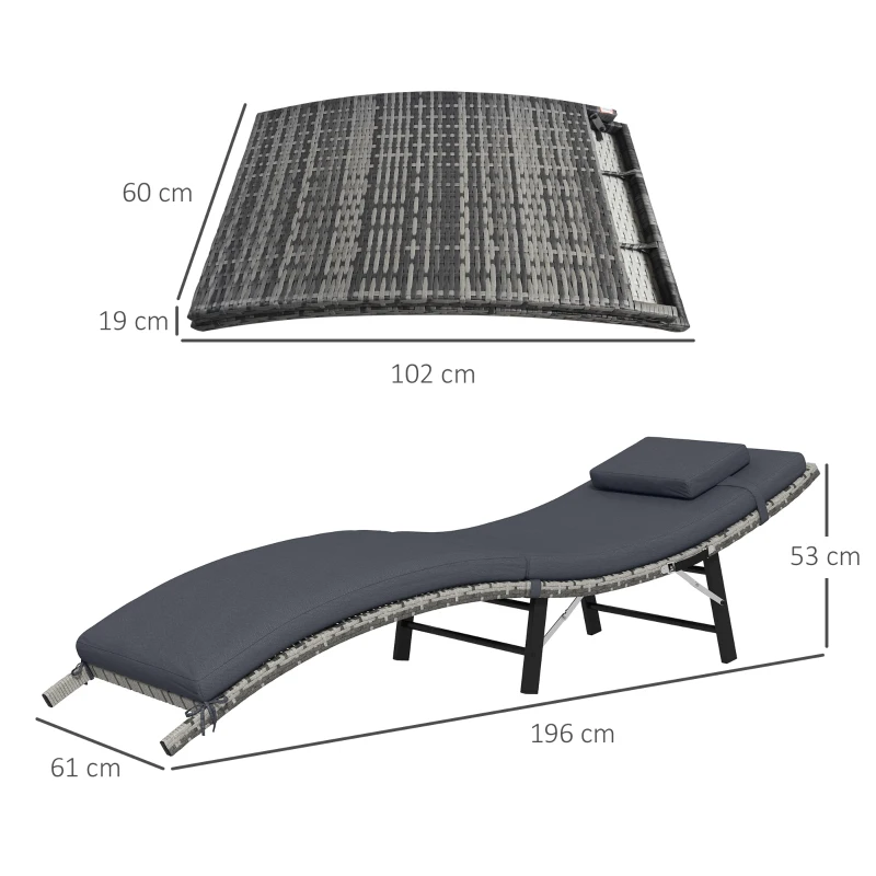 Outsunny Rattan Folding Sun Lounger Outdoor Chair with Cushion and Pillow Grey