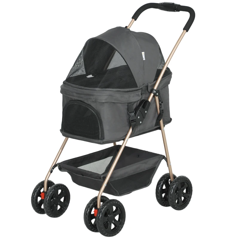 PawHut Passeggino per Cani 3 in 1 Pieghevole con Borsa Trasportino e Cestino Inferiore, Grigio