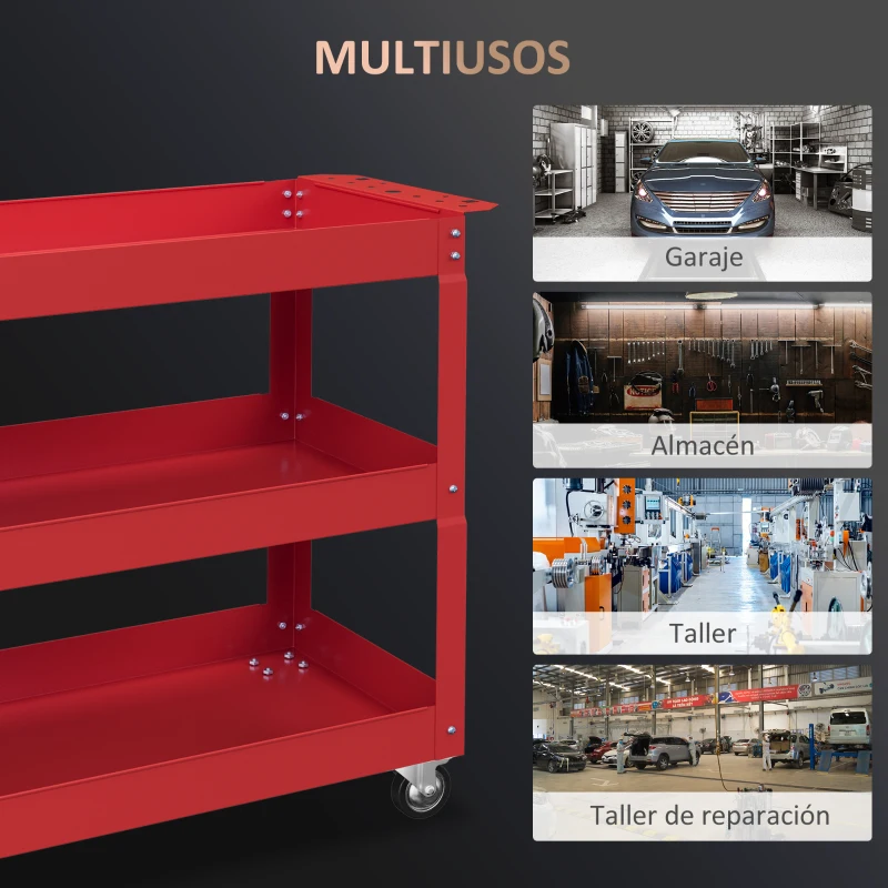 DURHAND Carro de Taller de Acero con 3 Estantes de Almacenamiento y Asa Lateral Carga 150 kg 83x35,3x76 cm Rojo