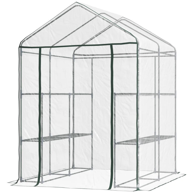 Outsunny Serre de jardin avec étagères 3 niveaux, serre de balcon, châssis en acier, porte zippée enroulable, pour légumes plantes fleurs, intérieur et extérieur, 143x143x195cm, transparent