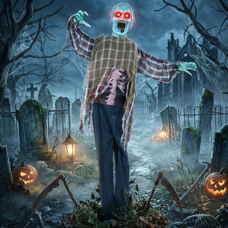 HOMCOM Animierter Halloween-Zombie in Lebensgröße,170 cm, mit Sound- und Berührungsaktivierung, gruselige Deko