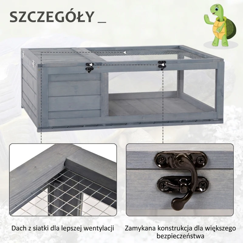PawHut Całoroczne Mieszkanie dla Żółwia z Strefą Słońca i Snu, Drewniany domek dla żółwi, 91x60,5x32 cm, szary