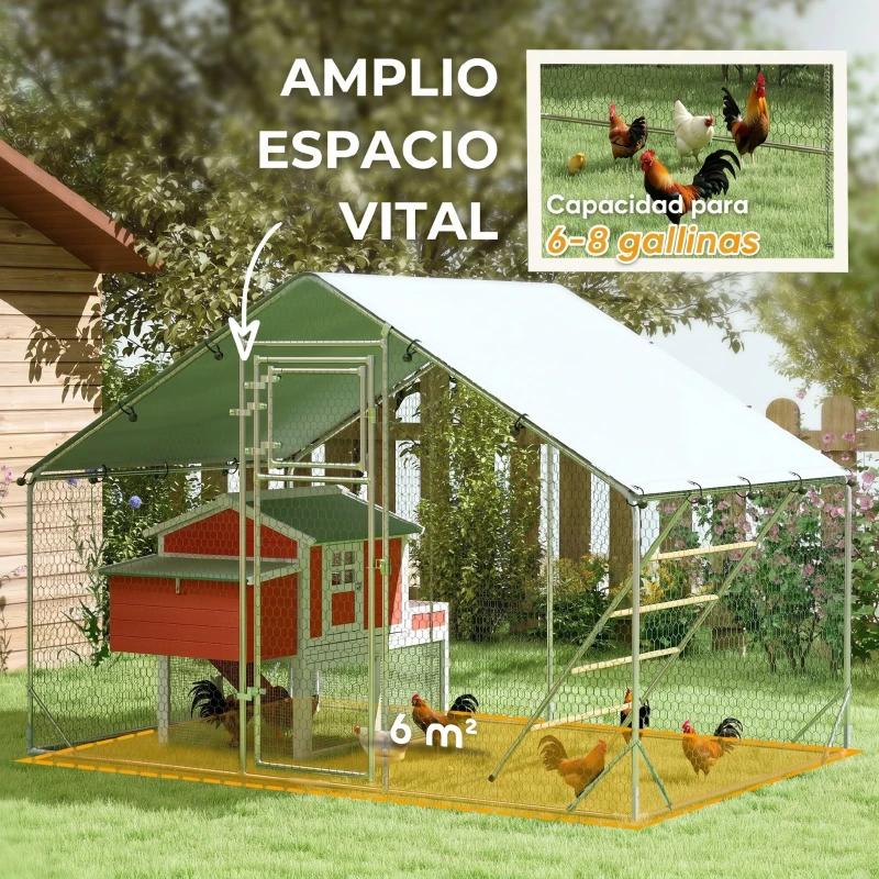 PawHut Gallinero Metálico de Exterior de 3x2m con Percha Multiusos Comedero Colgante Tipo Brocheta y Lona Protectora Resistente