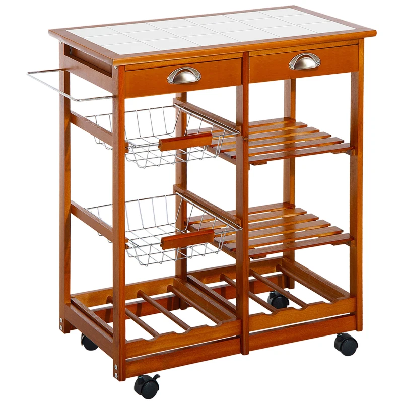 HOMCOM Chariot de Service Cuisine Desserte à roulettes Multi-rangements tiroirs paniers étagères Range Bouteilles Bois de pin