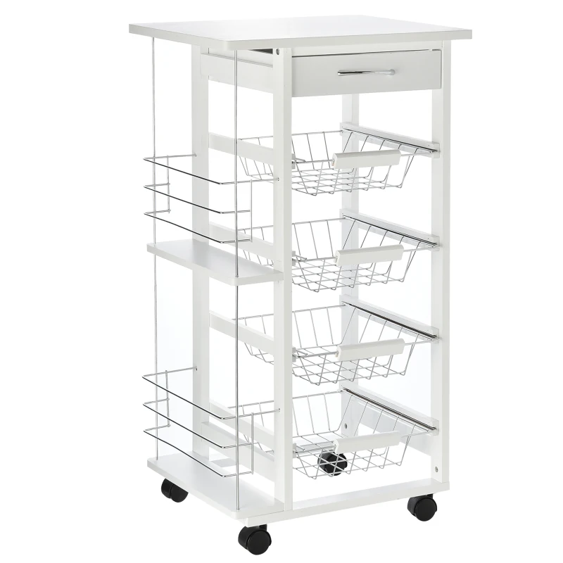 HOMCOM Desserte cuisine à roulettes avec tiroir, 4 paniers et étagères latérales, 47 x 37 x 83 cm, blanc