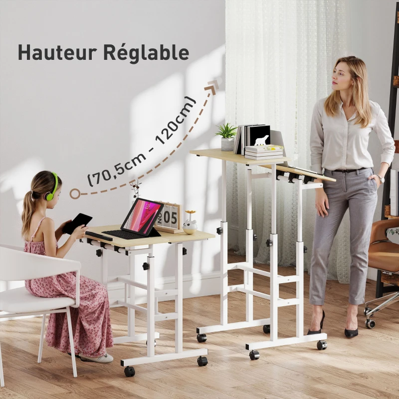 HOMCOM Bureau assis debout bureau réglable en hauteur 60 x 60 cm à roulettes avec plateau inclinable cadre en métal naturel