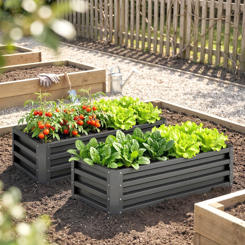 Outsunny Set of Two 110 x 50cm Steel Planter Boxes -  Dark Grey