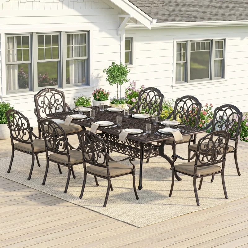 Outsunny 9 Piece Cast Aluminium Garden Dining Set, Garden Table and Chairs Set with Cushions, Parasol Hole for Patio, Bronze Tone