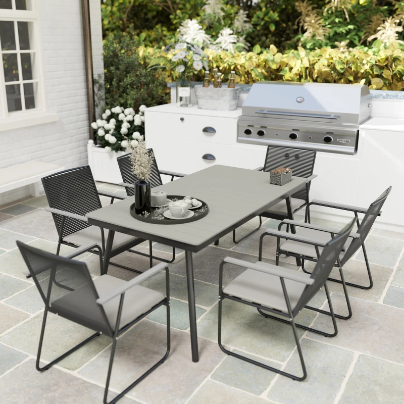 Outsunny 6‑Seater Garden Dining Set with Cushions, Rattan Backrest, Plastic Top, Garden Furniture Set, Grey