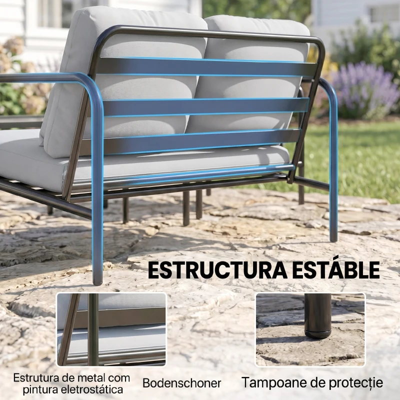 Outsunny Set de mobilier de grădină 4 piese, set de mobilier exterior din oțel, canapea 2 locuri, 2 fotolii, masă cu blat din sticlă, perne confortabile, gri deschis