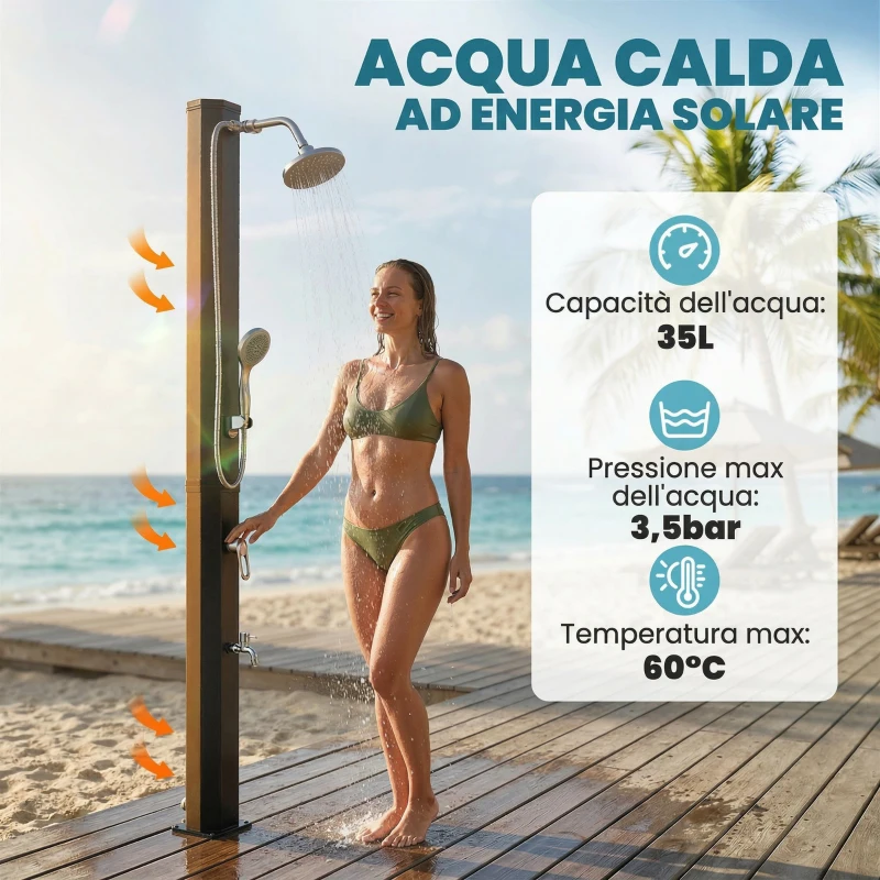 Outsunny Doccia Solare 35L, Protezione Antigelo, 2 Soffioni, Rubinetto per Piedi