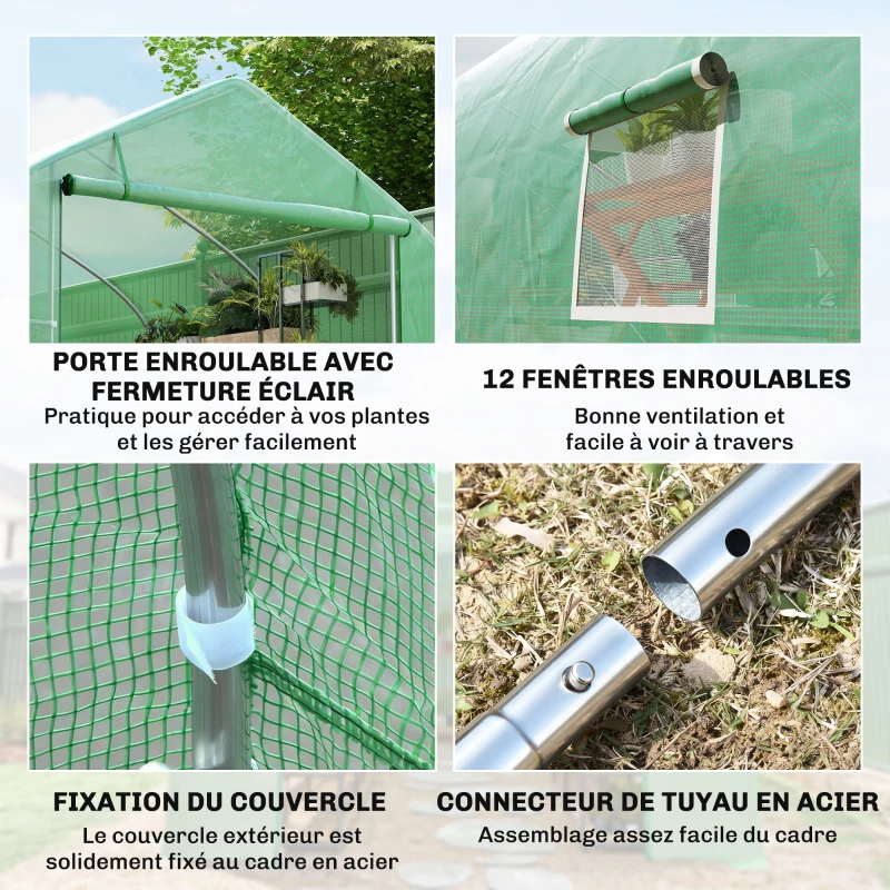 Outsunny Serre de jardin tunnel grande taille avec bâche PE cadre en acier porte enroulable et 12 fenêtres 8 x 3 x 2 m vert