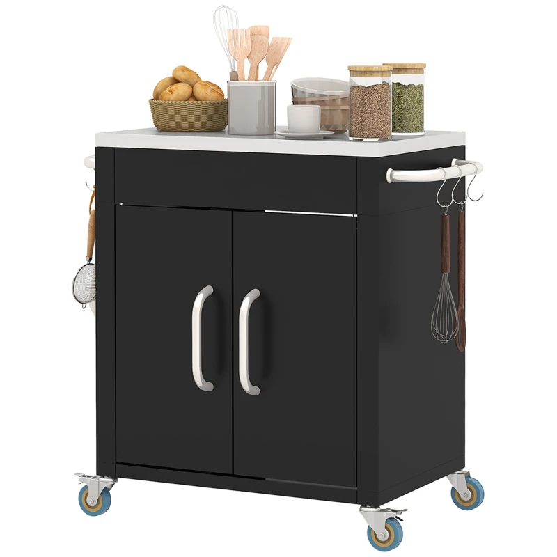 HOMCOM Carrello da Cucina in Acciaio Inox con Armadietto Contenitore e 6 Ganci, 86x50x86.5 cm, Nero
