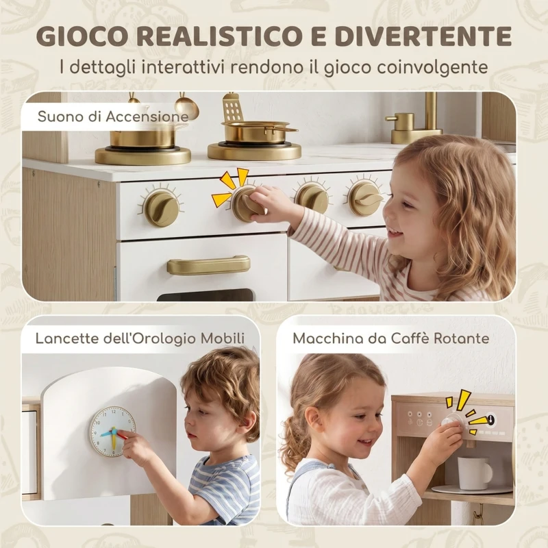 AIYAPLAY Cucina Giocattolo per Bambini con Macchina del Caffè Girevole, Fornelli, Rubinetto e Orologio, 3-6 Anni, Bianco