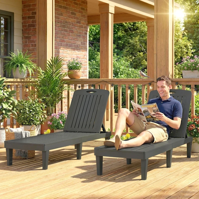 Outsunny Conjunto de 2 Tumbonas Reclinables de Plástico PP con Bandeja Lateral Respaldo Ajustable 5 Niveles 192x57x28,5 cm Gris
