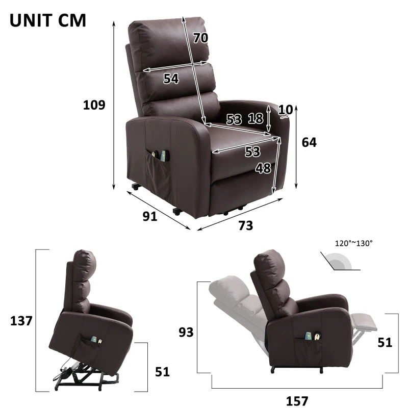 Power Lift Recliner Massage Chair with Heat & Vibration, Heavy Duty Safety Motion, Side Pockets, Remote Control, 73x91x109 cm, Brown