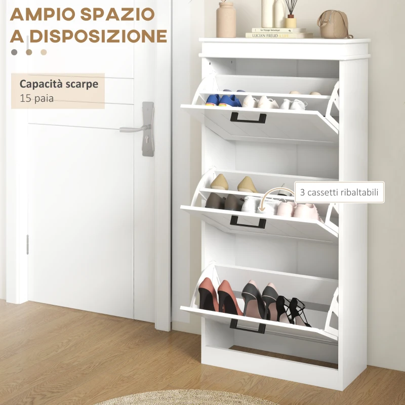 HOMCOM Scarpiera Moderna con 3 Cassetti Ribaltabili per 15 Paia di Scarpe e Ripiano Regolabile, 54x24x117.5cm, Bianco