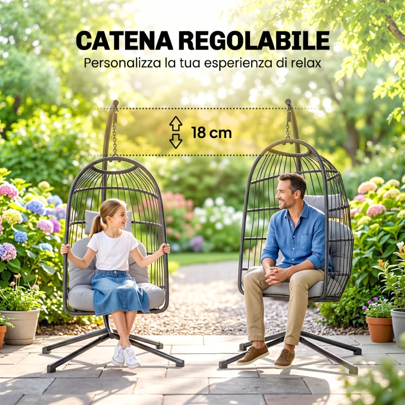 Outsunny Silla Colgante Huevo con Soporte Cesta Plegable Cojín Reposacabezas Altura Ajustable y Cuerda Carga 120 kg Gris Claro