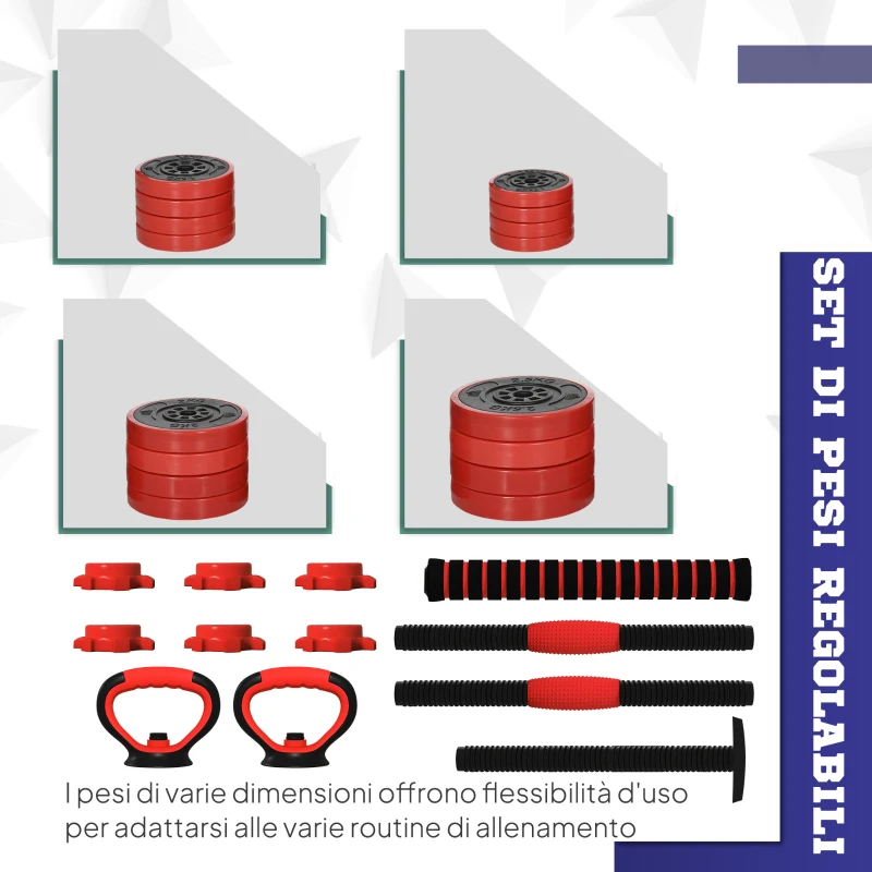 SPORTNOW Set Pesi da Palestra 4 in 1 da 30kg, Convertibile in Kettlebell, 2 Manubri, Bilanciere e Supporto Flessioni, Rosso