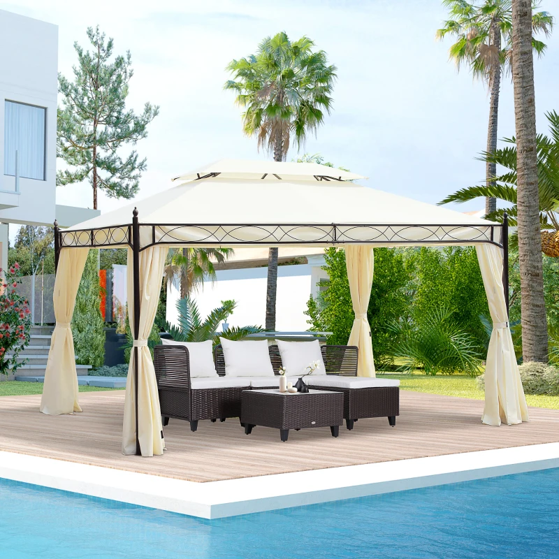 Outsunny Gazebo da Giardino 3x4m in Acciaio con Doppio Tetto e 4 Tende Laterali, Crema