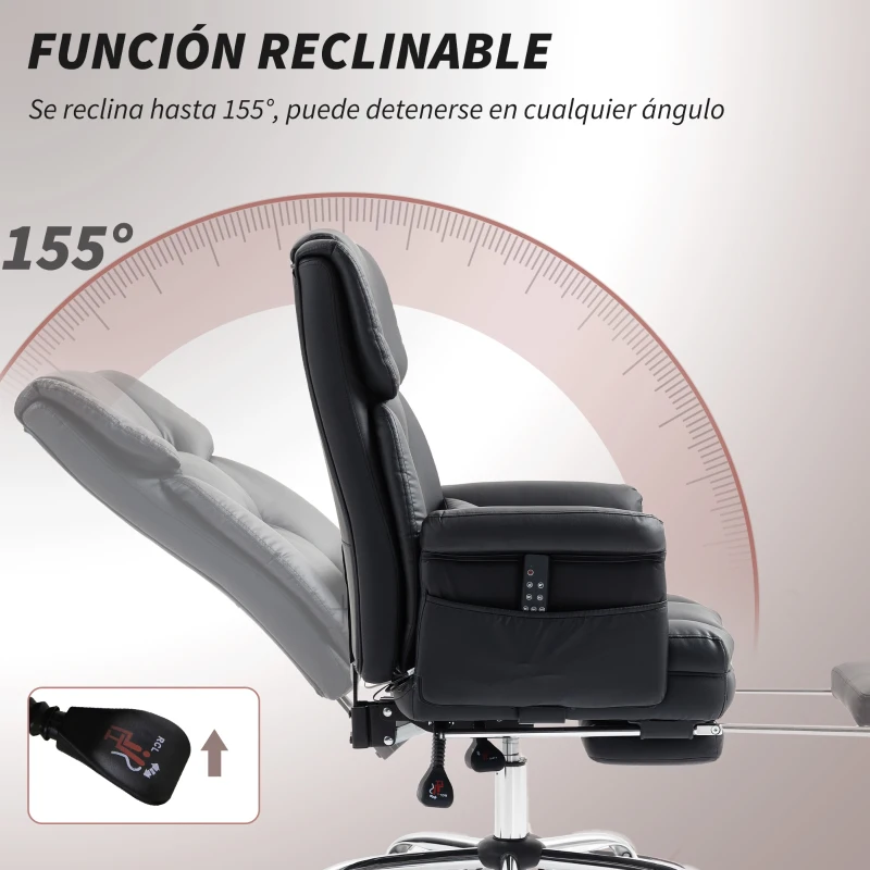 HOMCOM Silla de Oficina con 6 Puntos de Masaje Reposapiés Retráctil Altura Ajustable Control Remoto y Soporte Lumbar Negro