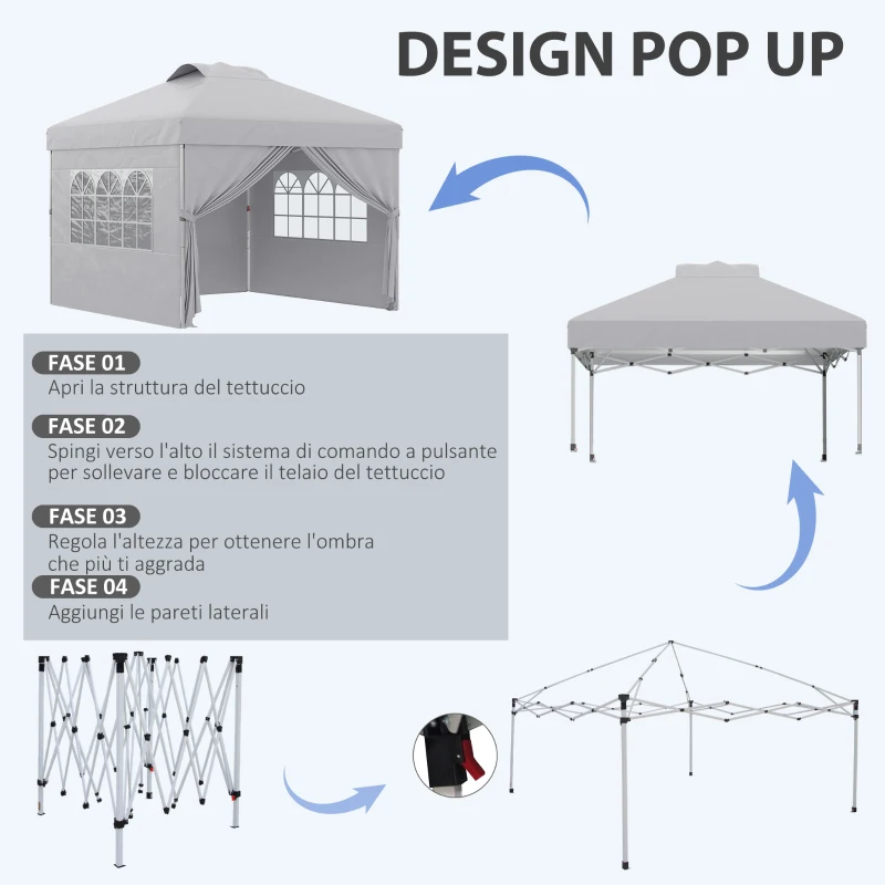 Outsunny Gazebo Pieghevole 3x3 m con Altezza Regolabile su 3 Livelli, Finestre e Borsa di Trasporto, Grigio Chiaro