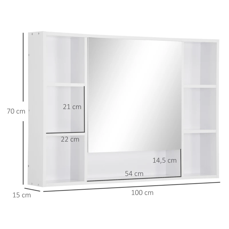 kleankin Armario de Baño de Pared con Espejo Puerta Estantes Abiertos 100x15x70 cm Blanco