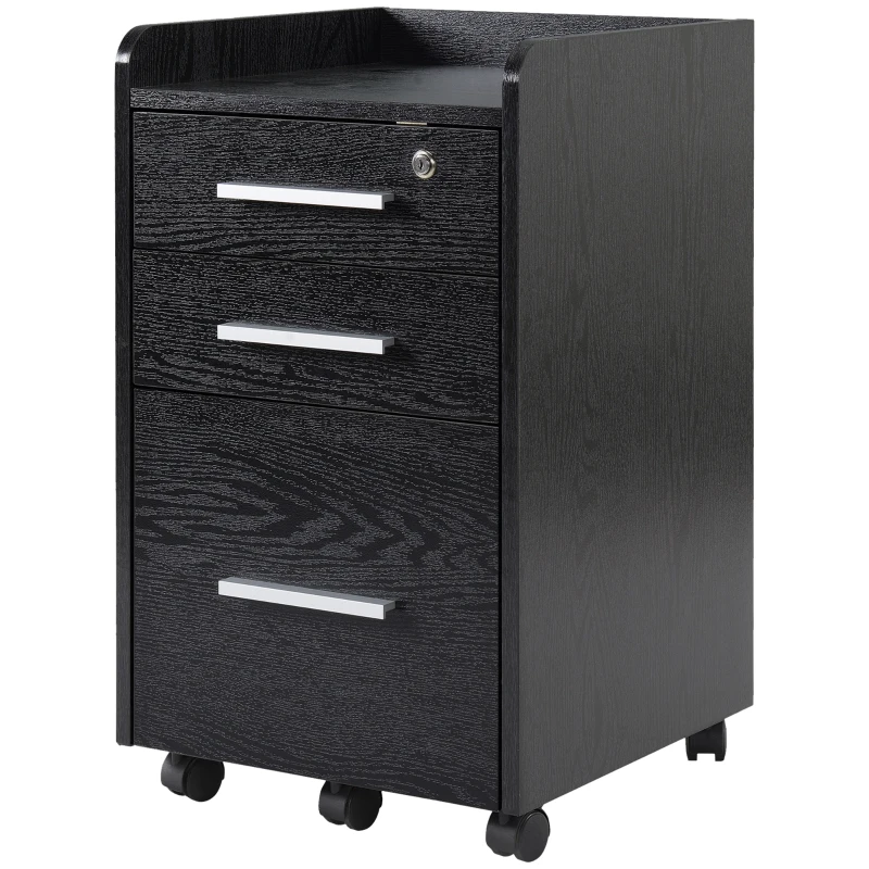 HOMCOM Cassettiera Portadocumenti in Legno a 3 Cassetti con Chiavi di Sicurezza e 5 Ruote, 39.2x40x65.4 cm, Nero