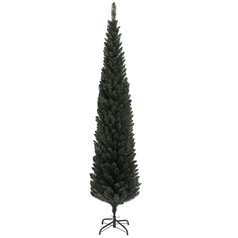 HOMCOM Brad de Crăciun Slim, Înalt de 195 cm, Econom de Spațiu, cu 390 de ramuri și Bază din Oțel pentru Interior, Verde
