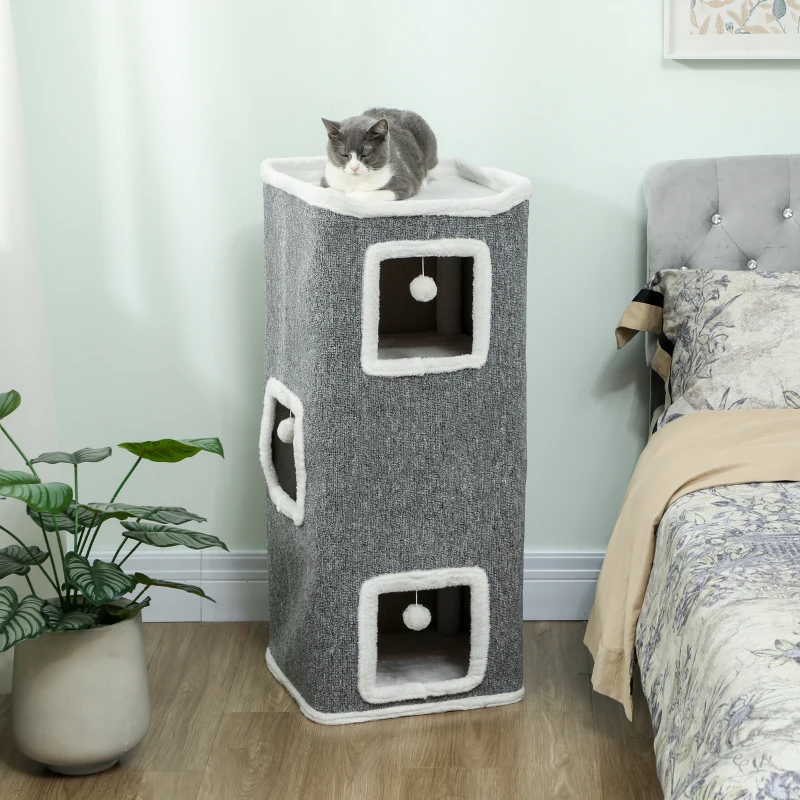 PawHut Torre per Gatti con 3 Casette, 3 Palline e Posatoio, in Legno, Tessuto e Peluche, 41x41x100 cm, Grigio e Bianco