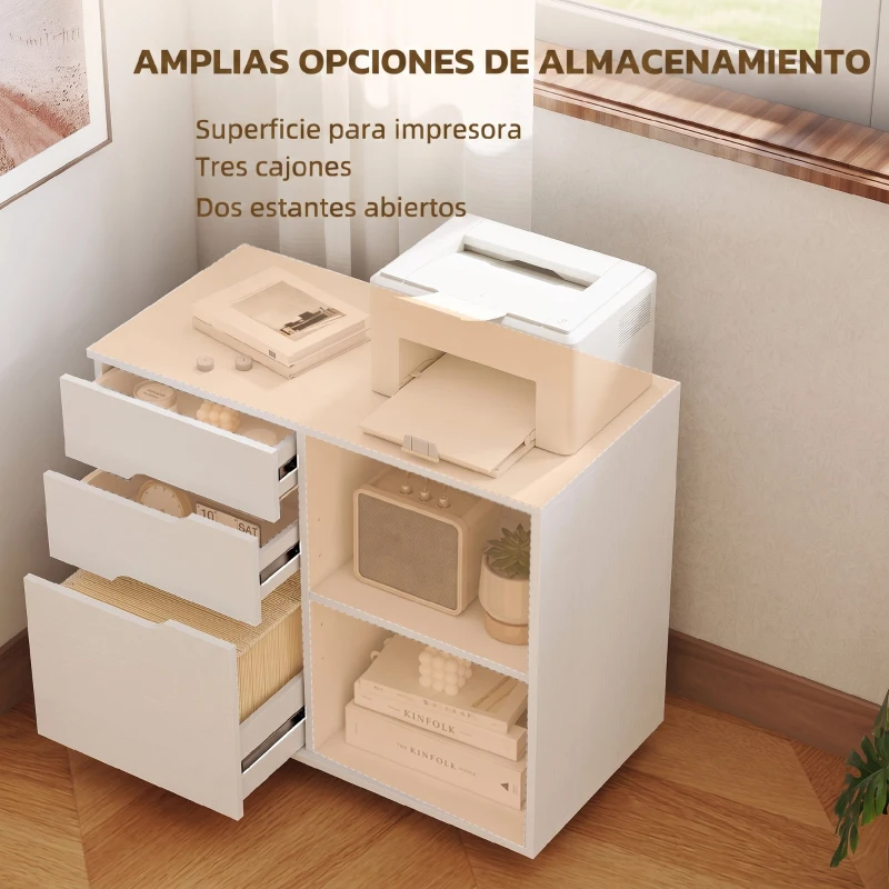 HOMCOM Mueble para Impresora con Ruedas 3 Cajones Barra Ajustable 2 Estantes Abiertos y Asas para Documentos Tamaño A4 Blanco