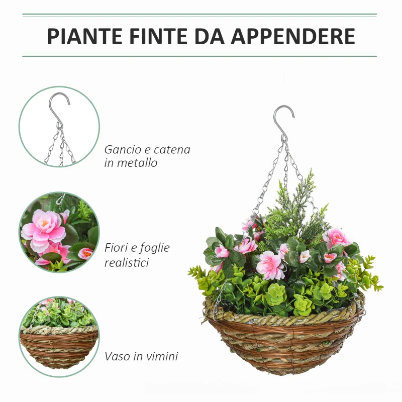 Outsunny Set 2 Piante Finte di Lisianthus con Vaso e Gancio, Piante Artificiali in PE e Vimini, Ø25x34 cm, Verde e Rosa