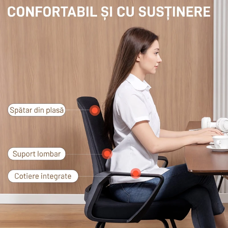 HOMCOM Scaun de birou ergonomic fără roți, cu brațe, pentru sală de așteptare, negru
