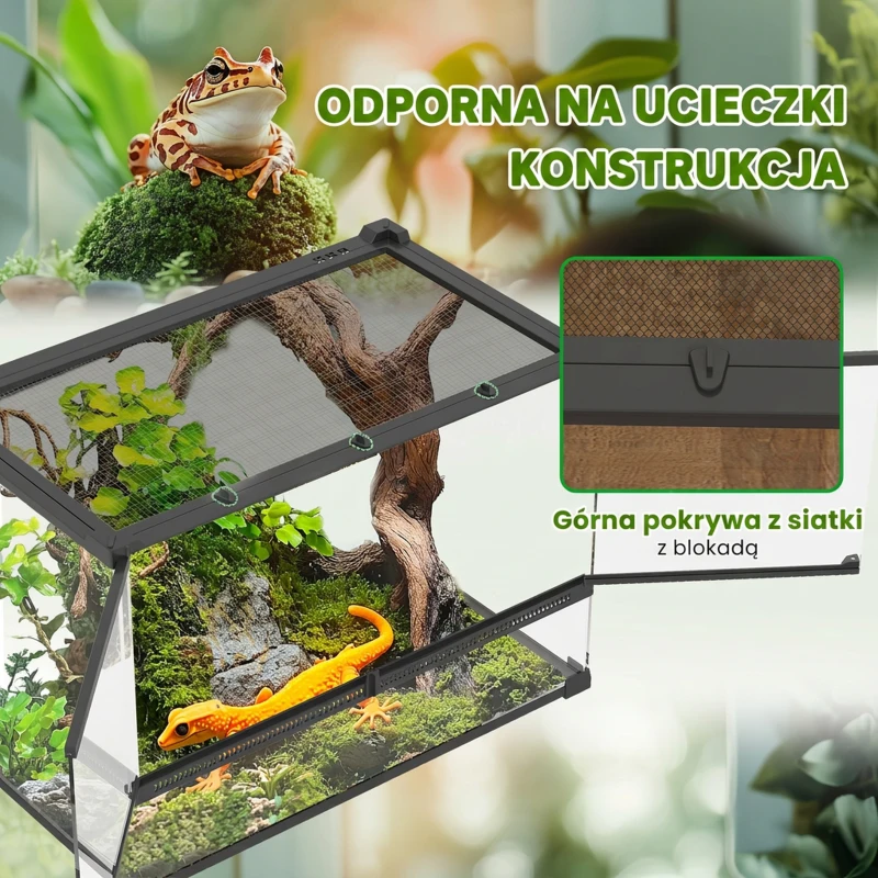 PawHut Terrarium dla gadów szklane terrarium dla jaszczurek i płazów vivarium wodoodporny spód zamek 50x30x35 cm czarne