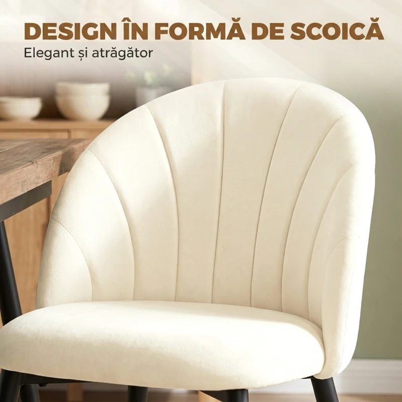 HOMCOM Set 2 Scaune Dining cu Spătar Tip Scoică și Picioare Metalice, Catifea, Crem