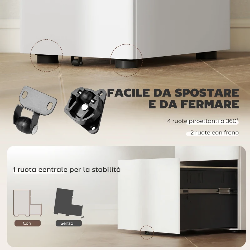 Vinsetto Cassettiera da Ufficio 3 Cassetti in Acciaio con Serratura e Rotelle, 39x48x59cm, Bianco