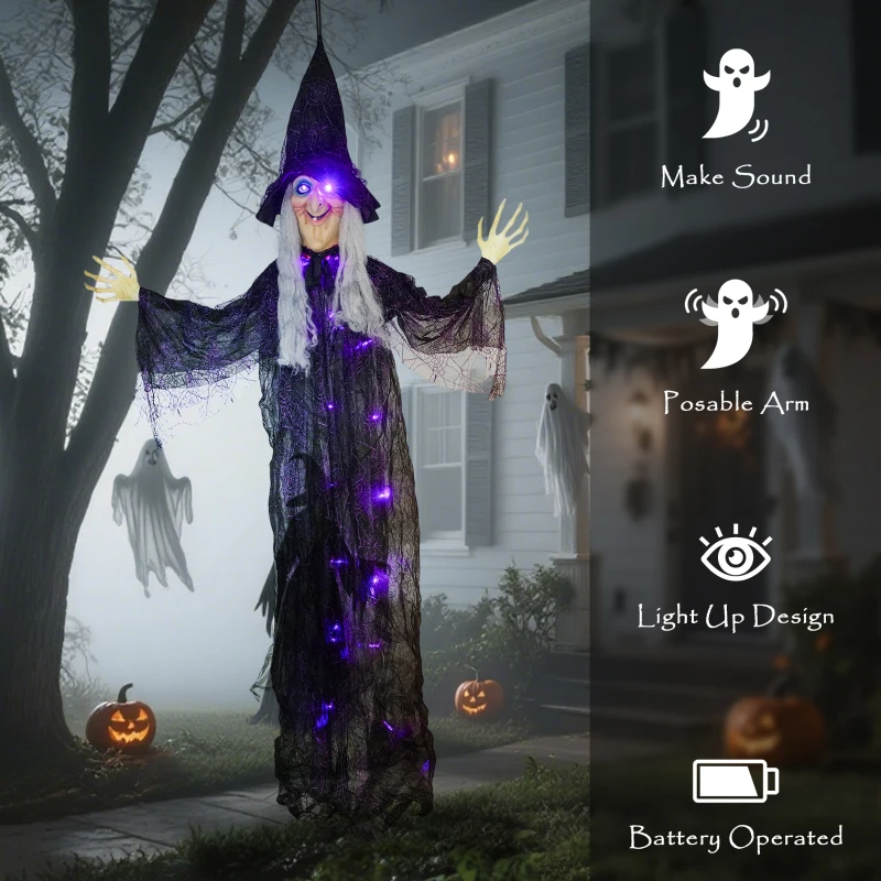 Outsunny 183 cm Life Size Halloween Animated Hanging Witch with Glowing LED Eyes & Body, Spooky Witch Scary Halloween Decorations, Battery Operated, Indoor Party Props