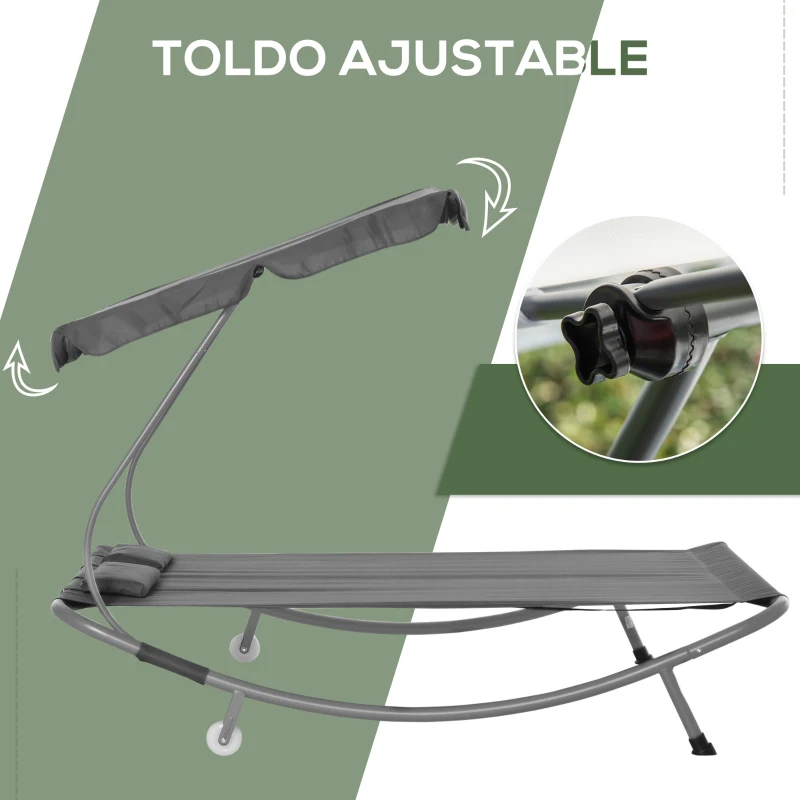 Outsunny Tumbona Doble con Toldo Ajustable Tumbona de Jardín para 2 Personas con Cojines y 2 Ruedas 200x175x134 cm Gris