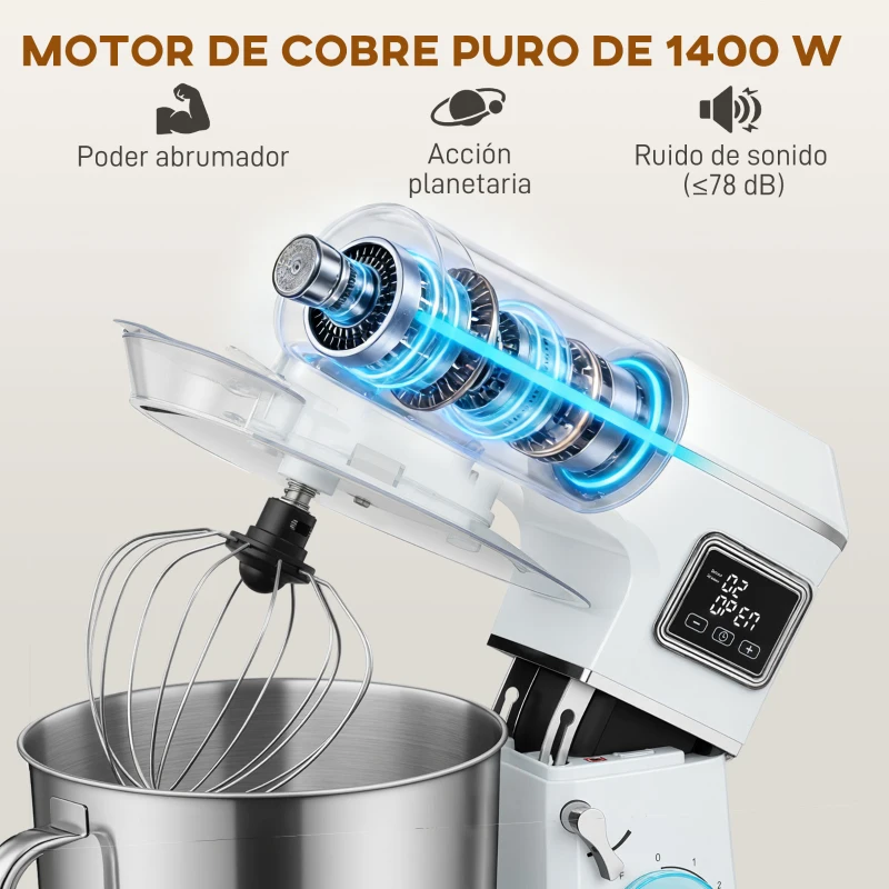 HOMCOM Batidora Amasadora 6L 1400W con Cabezal Inclinable 6 Velocidades Función de Fermentación Pantalla LED Blanco