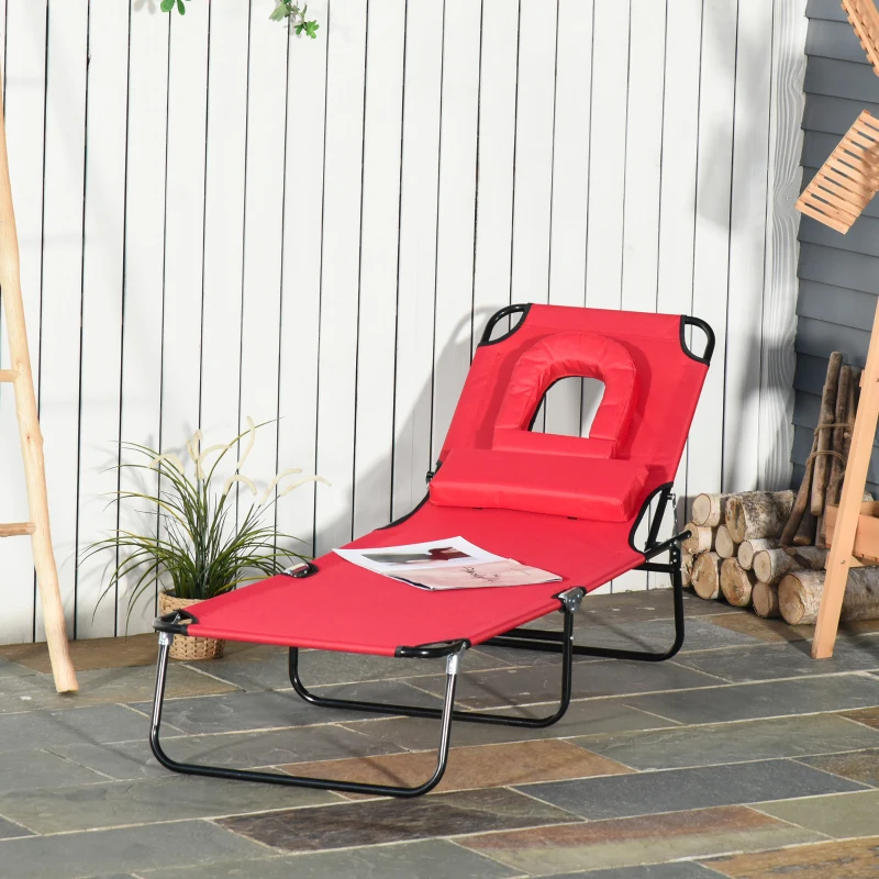 Outsunny Folding Sun Lounger with Face Hole, 4-Position Adjustable Backrest Garden Recliner Chair Sunbed, Outdoor Lounge Chair with 600 D Oxford Cloth Seat, Pillow for Beach, Red