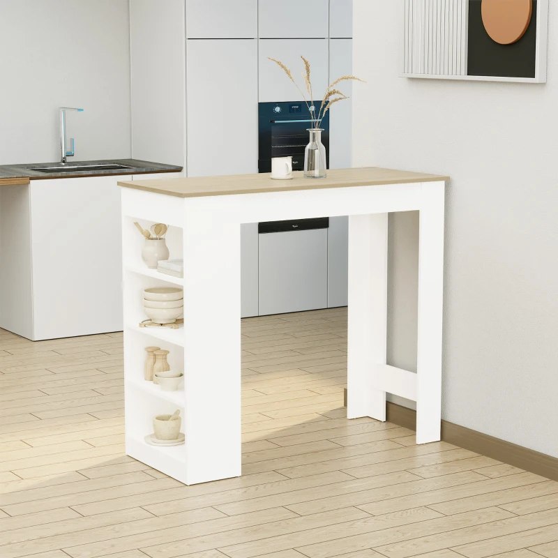 HOMCOM Table de bar pour 2 personnes, table haute mange debout avec 4 étagères ouvertes, 115x50x102,7cm, blanc et bois naturel